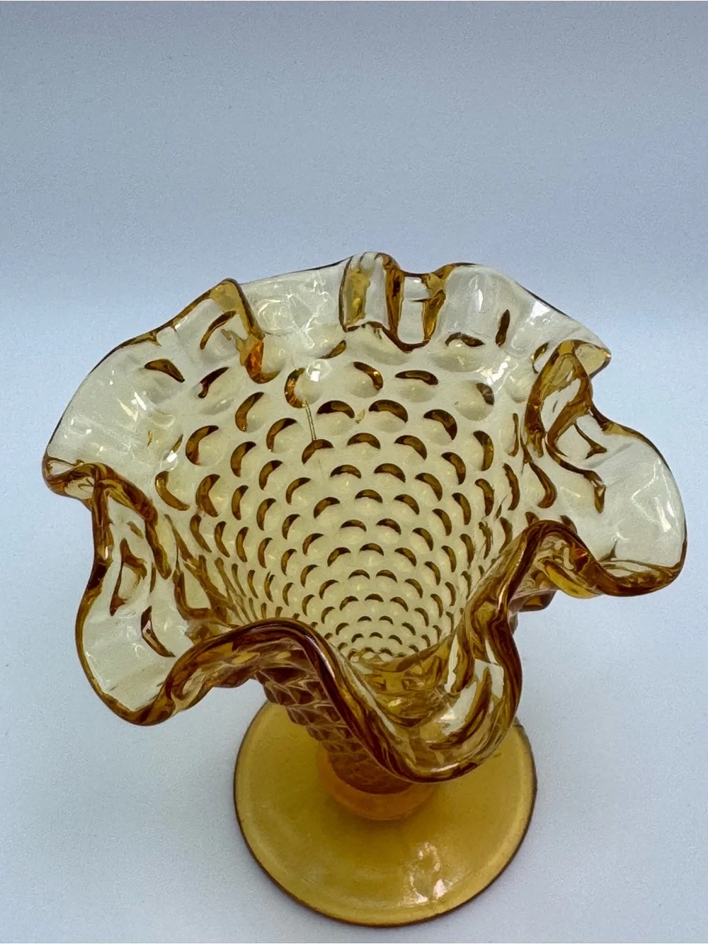 Vintage Fenton Amber Hobnail Mini Ruffled Vase Crimped Rim USA